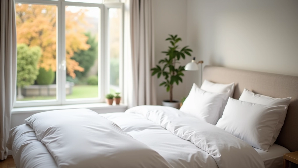 Bedroom with freshly washed white linens on bed, window open to autumn garden view
