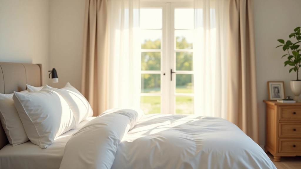 Clean bright bedroom with open windows, white bedding, minimal decor, spring sunlight streaming in