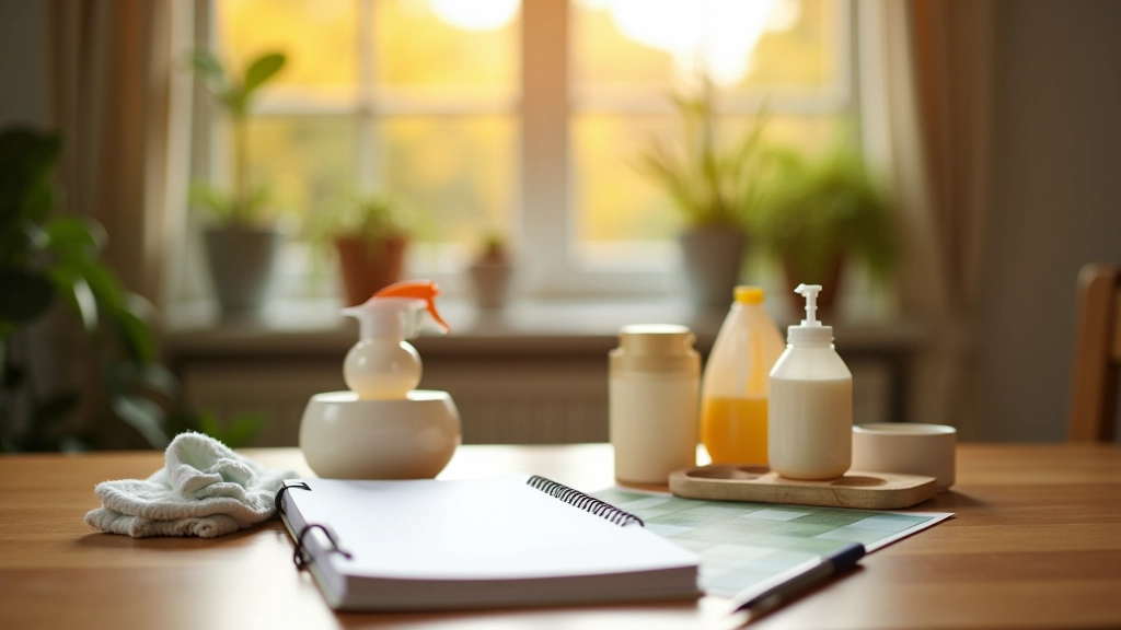 Cleaning supplies arranged neatly on white surface