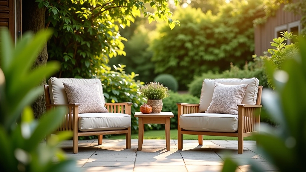 Comfortable cushioned outdoor chairs arranged on a patio, afternoon sunlight, lush garden setting