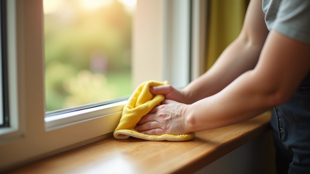 Close-up of hands cleaning window frame with cloth and natural cleaning solution in morning light