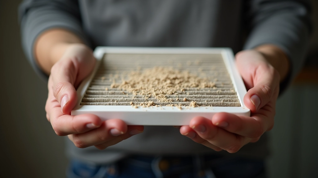HVAC system filter being held up to light, showing dust accumulation and need for replacement