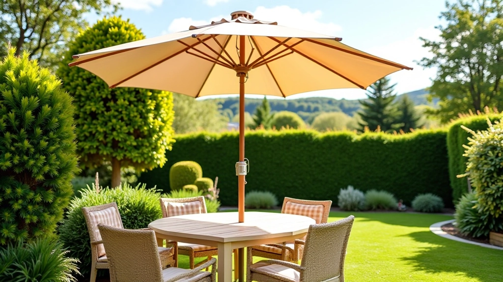Large market umbrella providing shade over outdoor seating, garden setting with greenery