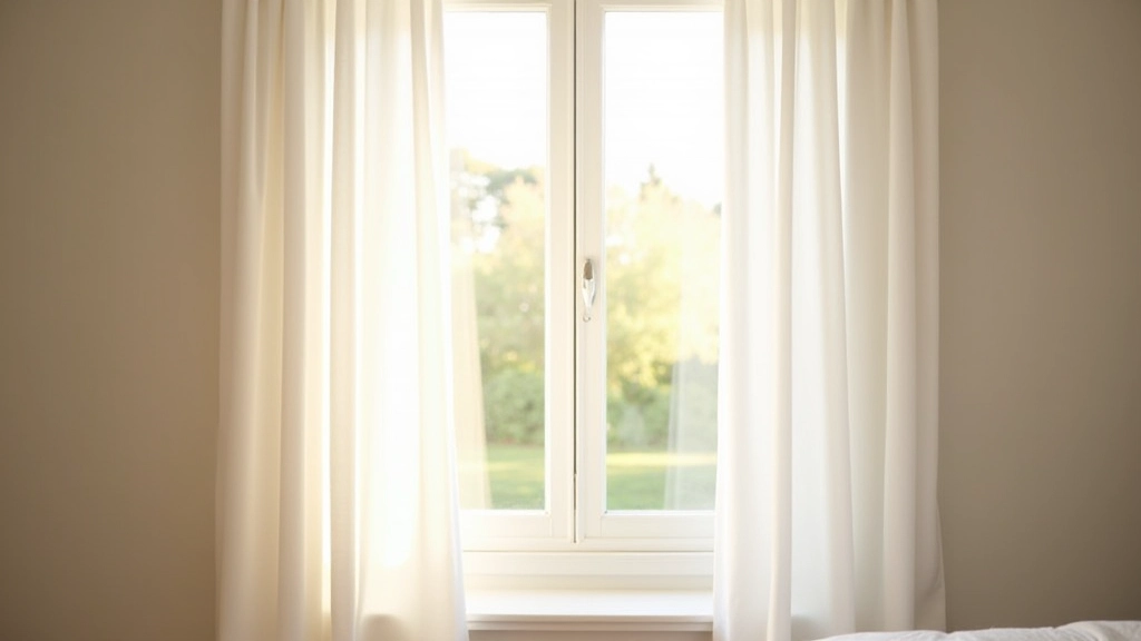 Spring interior with light fabrics and open window, fresh air flowing through white curtains