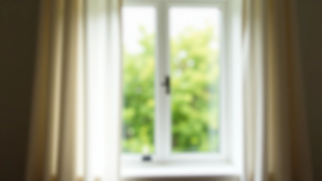 Open window with fresh spring air, white curtains billowing inward, green garden visible outside