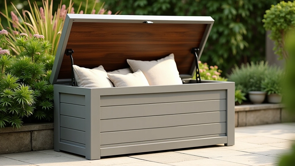 Weather-resistant storage box on a garden patio, teak finish, outdoor cushions stored inside