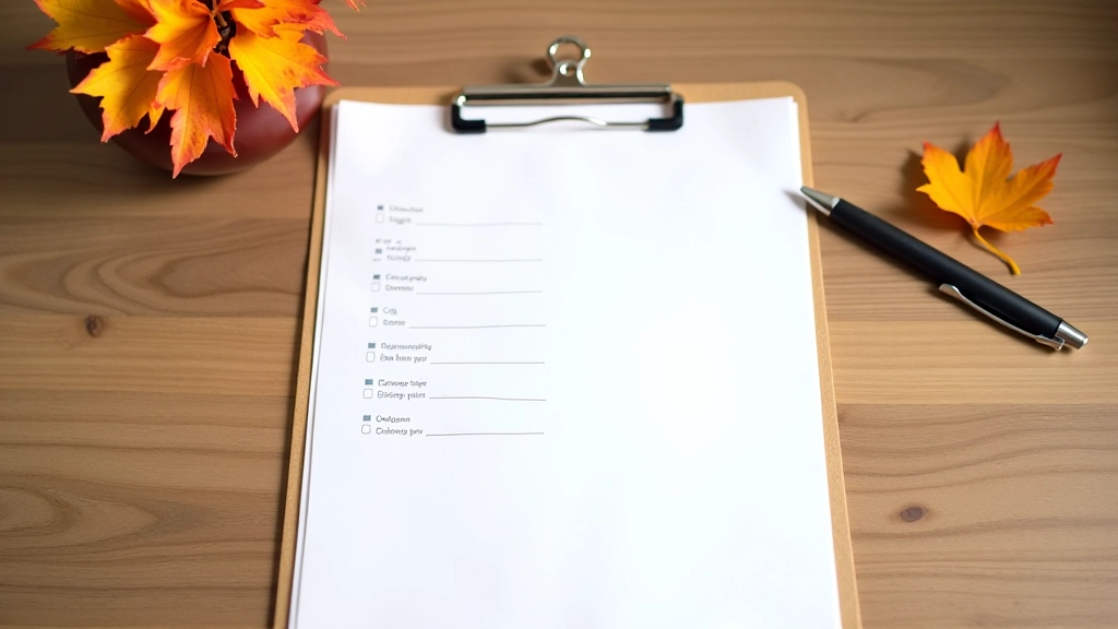 Detailed checklist printed on clipboard with autumn leaf decoration on wooden desk