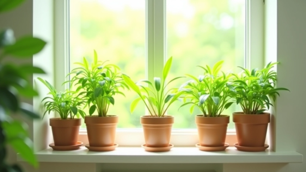 Potted green plants on windowsill, sunlight filtering through leaves, fresh spring atmosphere