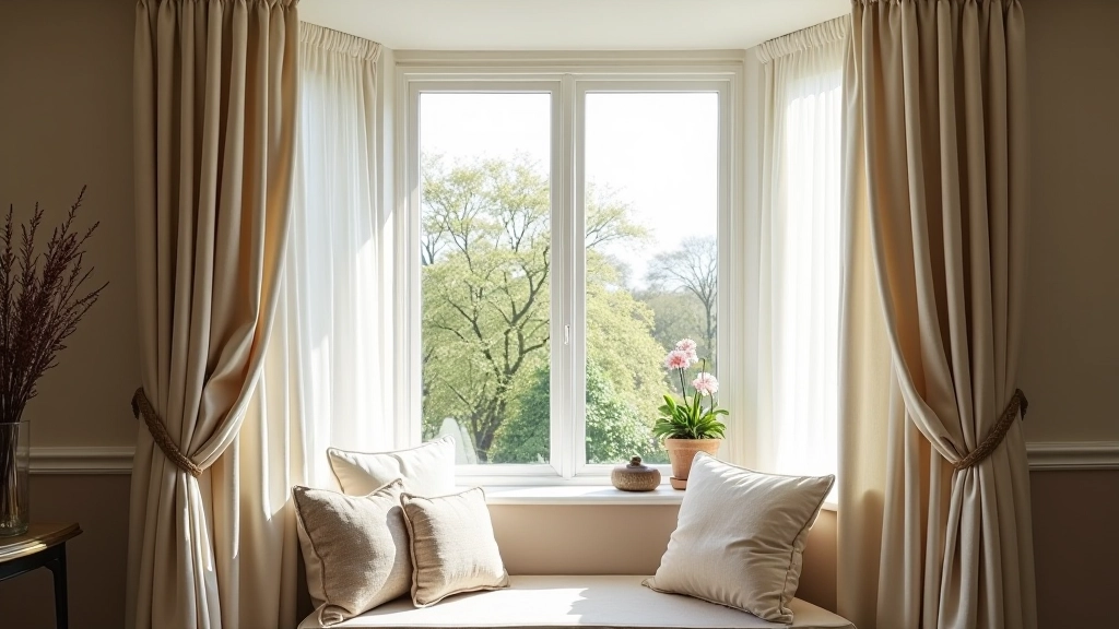 Thick thermal-lined curtains hanging from floor to ceiling on a bay window, showing the layered fabric and proper installation