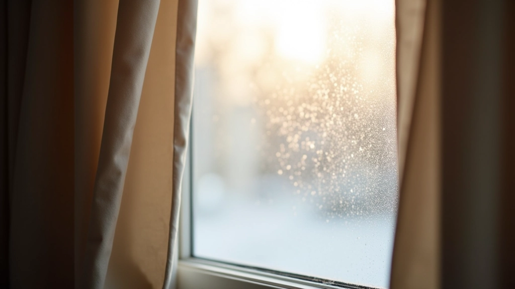 Thermal insulated curtains hanging on window, showing thick heavy fabric