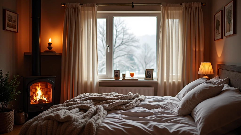 Winter home comfort with draught-proofing, insulated curtains, and warm layered bedding