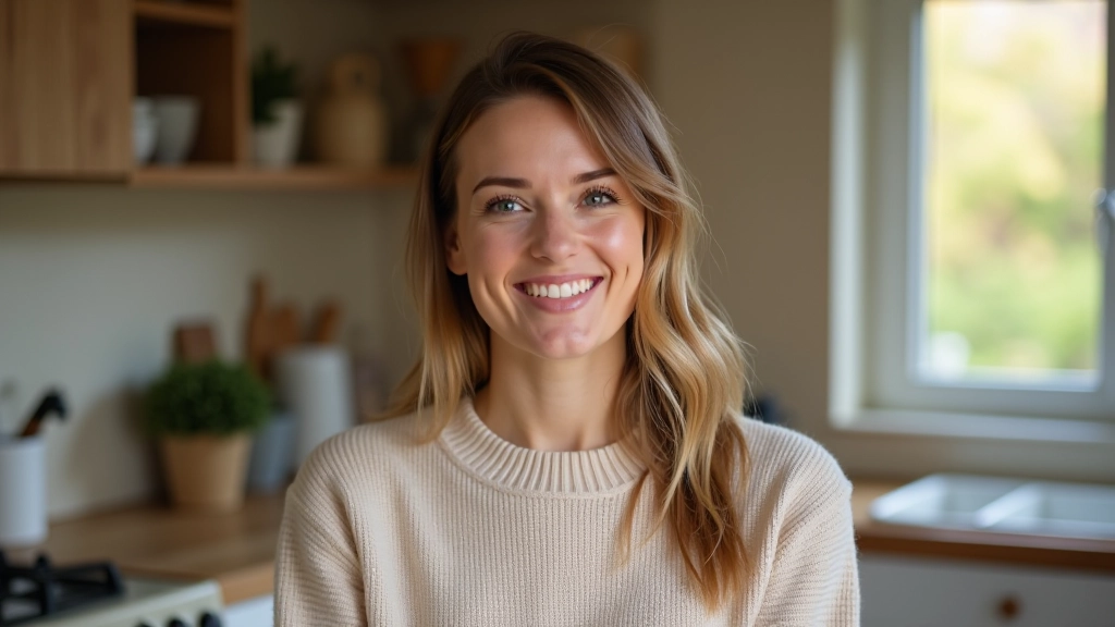 Woman organizing autumn cleaning supplies in a bright kitchen with open windows