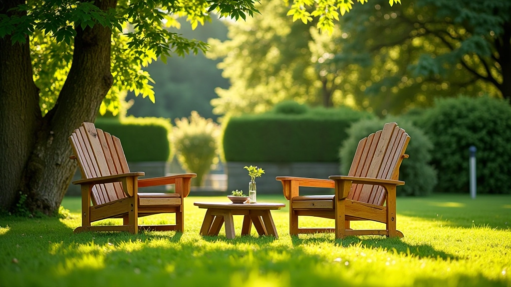 Wooden garden furniture on lawn with cushions, outdoor seating area