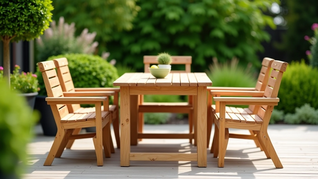 Wooden garden table with woven chairs on a deck, natural wood finishes, garden backdrop